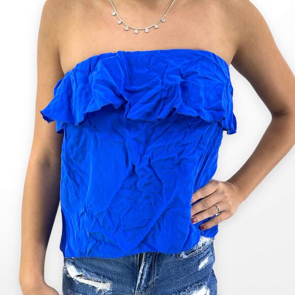 00s AMANDA UPRICHARD Vintage Blue Silk Sleeveless Ruffle Tube Top - Picture 1 of 7